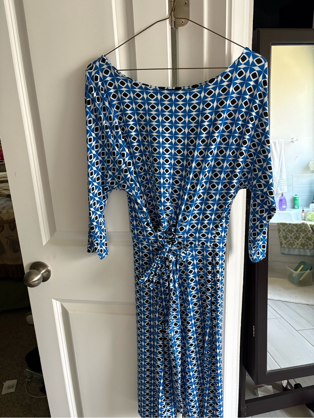 Ann Taylor Blue and White Geometric Midi Dress faux wrap dress